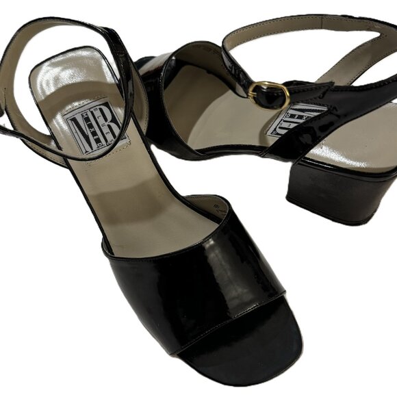 Vintage Mixed Blues Black Patent Leather Low Block Heel Sandals - Picture 4 of 10